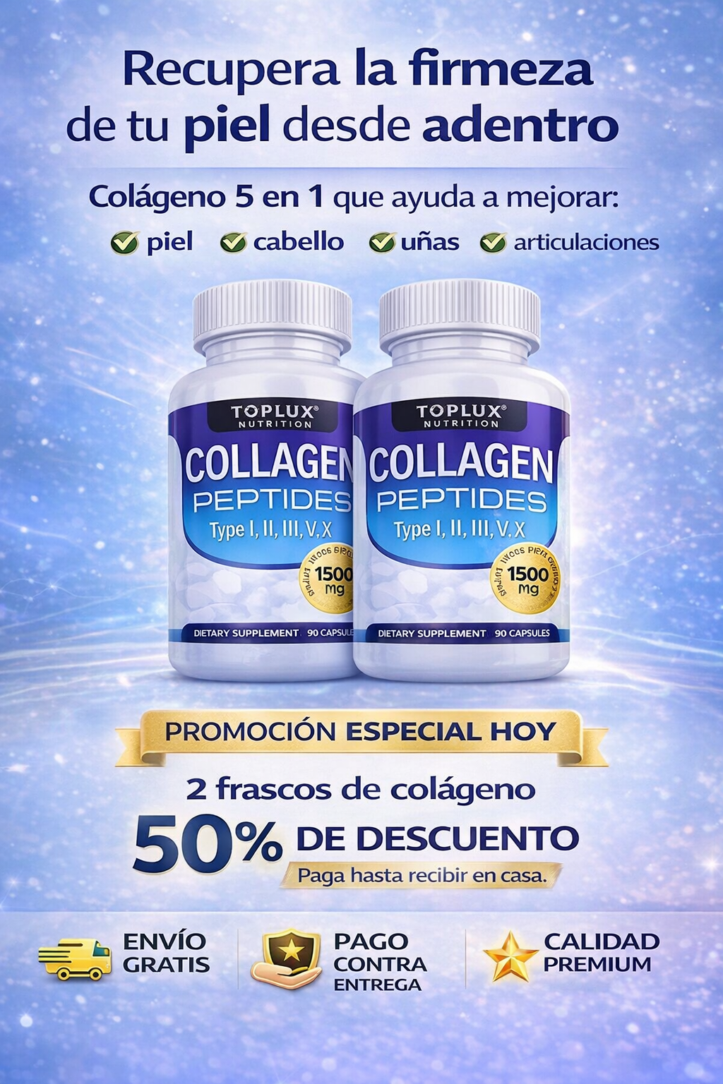 Colageno Peptides™ – Devuélvele vitalidad a tu piel y fuerza a tu cabello con 5 tipos de colágeno.